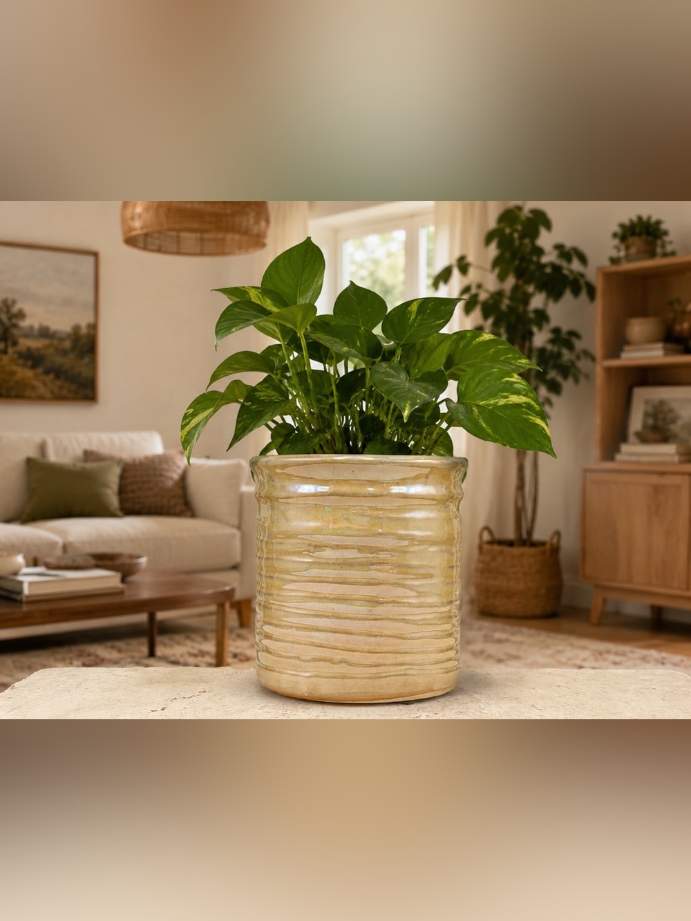 Iridescent Ceramic Planter 4 Inch | Textured Ribbed Plant Pot, Glossy Beige